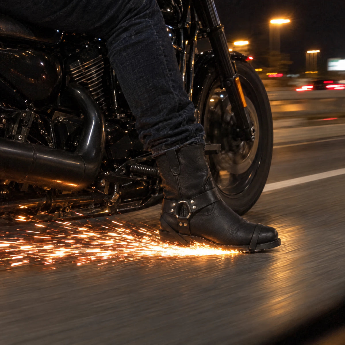 Sparkrider boot throwing sparks on the road at night