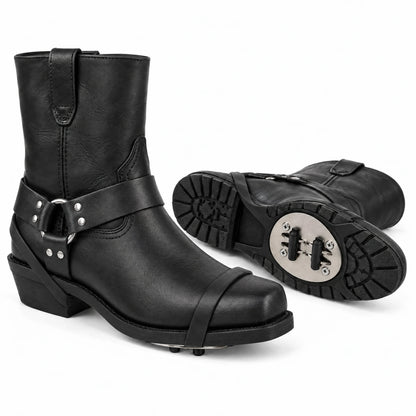 Pair of Sparkrider boots showing the metal spark plate in the sole
