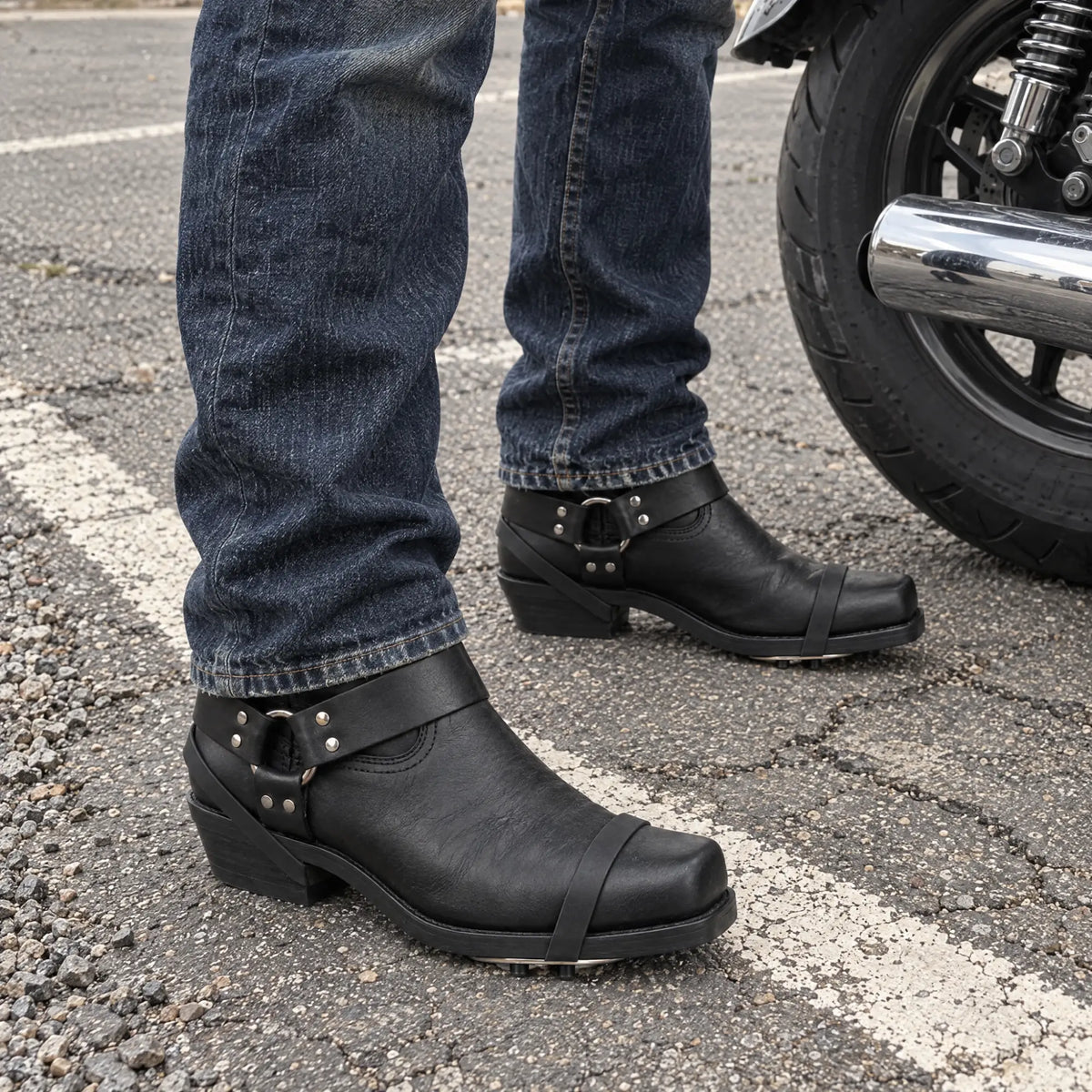 Rider wearing Sparkrider boots next to a motorcycle